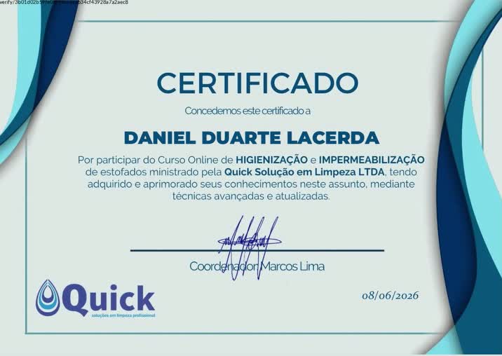 Certificado do curso online de Higienização e Impermeabilização de Estofados de Daniel Duarte Lacerda
